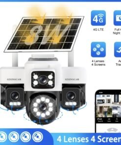 Cámara de seguridad exterior solar 4G AOV con 4 lentes y 4 pantallas 1296P, compatible con grabación 7*24H, con cuatro lentes y vista cuádruple, videovigilancia CCTV, rotación PTZ 360° panorámica/inclinable, seguimiento de movimiento, detección humana PIR, audio bidireccional, visión nocturna a todo