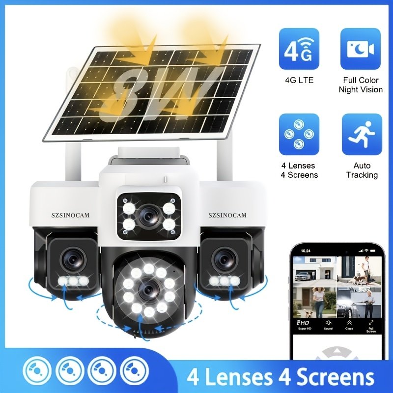 Cámara de seguridad exterior solar 4G AOV con 4 lentes y 4 pantallas 1296P, compatible con grabación 7*24H, con cuatro lentes y vista cuádruple, videovigilancia CCTV, rotación PTZ 360° panorámica/inclinable, seguimiento de movimiento, detección humana PIR, audio bidireccional, visión nocturna a todo