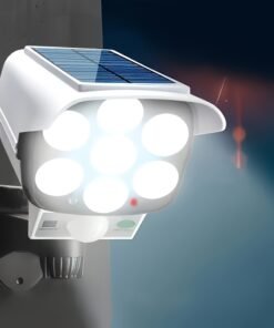 Luz con sensor de movimiento de 1 pieza, alimentada por energía solar, con brillo ajustable, 77 focos LED | Activación por sensor de cuerpo humano | Iluminación de seguridad para exterior, porche y jardín con cámara falsa, fácil instalación, luz de advertencia comercial