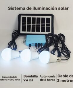 Panel solar de 3W con cable de 3 metros y caja de conversión de carga, más tres bombillas de bajo voltaje de 9W con cables de interruptor de 3 metros. Puede cargar teléfonos móviles. Adecuado para iluminación durante apagones, carga de emergencia de teléfonos, iluminación del hogar, iluminación