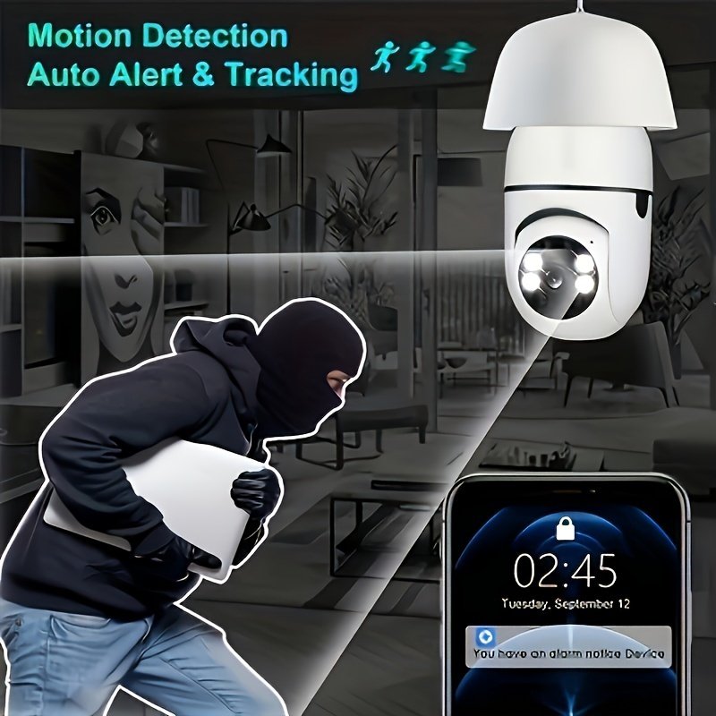 Cámara de seguridad estilo bombilla, 1 pieza, cámara doméstica inalámbrica WiFi, vigilancia interior PTZ 360°, calidad de imagen nítida, 2.4GHz, compatible con visión nocturna en color, audio bidireccional, seguimiento automático y detección de movimiento, base de rosca E27, la elección ideal para